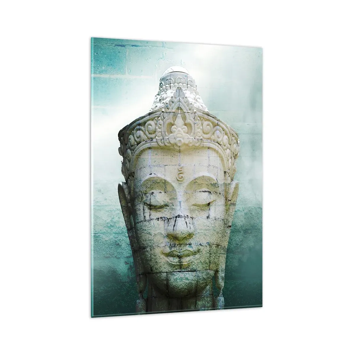 Glasbild - Bild auf glas - Buddha-Statue mit sanftem Nebel vor grünem Hintergrund - 80x120cm - Auf der Suche nach dem Licht - Moderne Wanddekoration für Wohnzimmer und Schlafzimmer ARTTOR