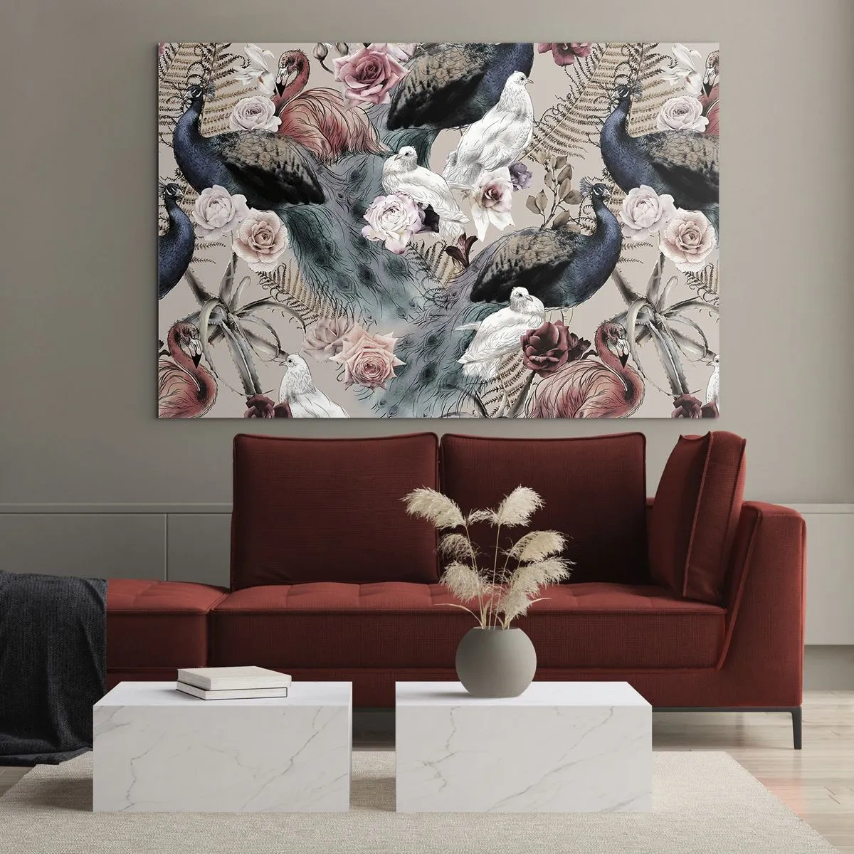 Glasbild - Bild auf glas - Pfauen und Flamingos umgeben von Rosen und Farnen - 100x70cm - Im Schlossgarten - Moderne Wanddekoration für Wohnzimmer und Schlafzimmer ARTTOR