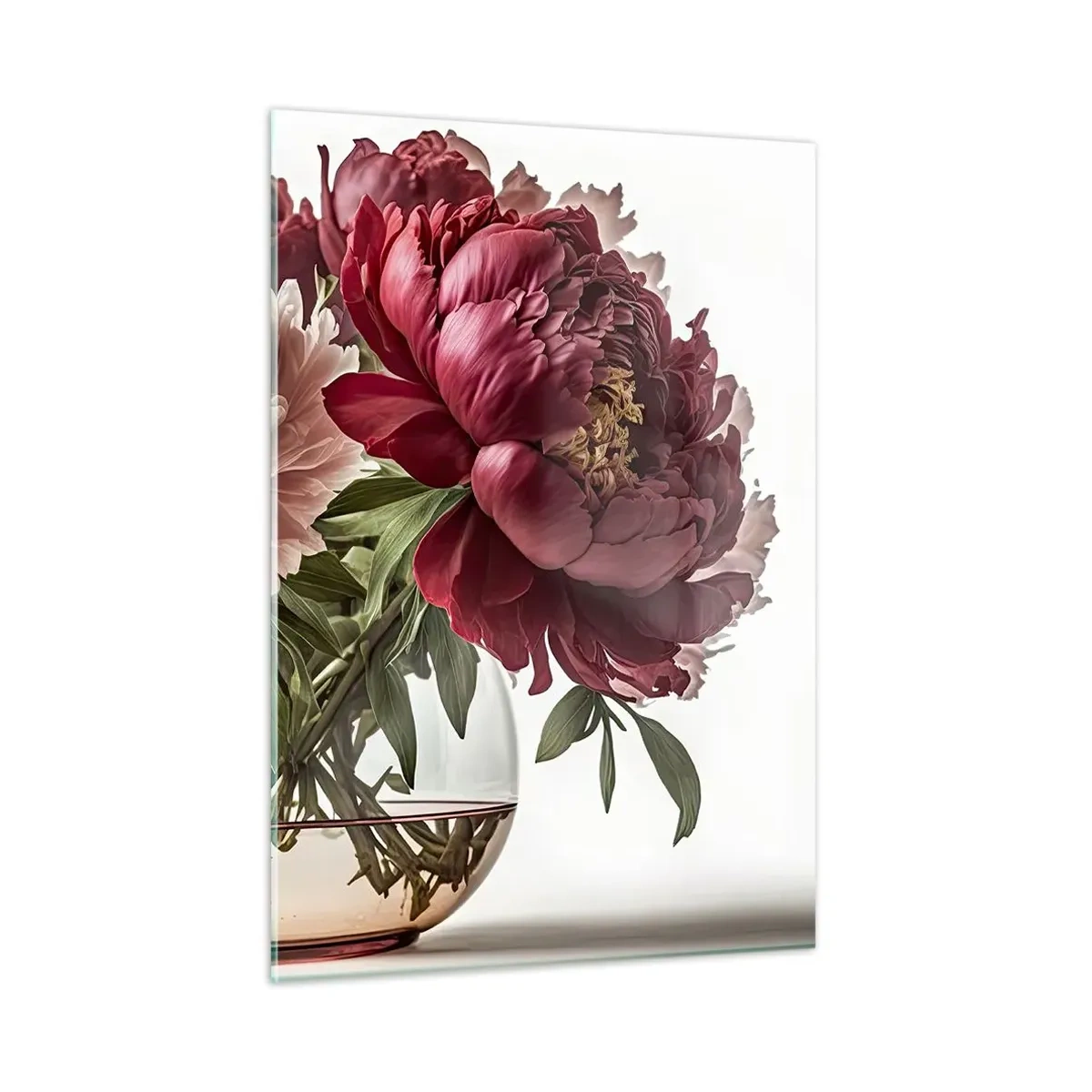 Glasbild - Bild auf glas - Ein Strauß Pfingstrosen in einer Glasvase auf hellem Hintergrund - 50x70cm - In voller Schönheit - Moderne Wanddekoration für Wohnzimmer und Schlafzimmer ARTTOR