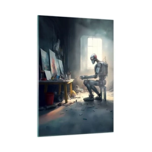 Glasbild - Bild auf glas - Ein Roboter, der in einem Kunstatelier Bilder malt - 50x70cm - Schöpfungsakt - Moderne Wanddekoration für Wohnzimmer und Schlafzimmer ARTTOR