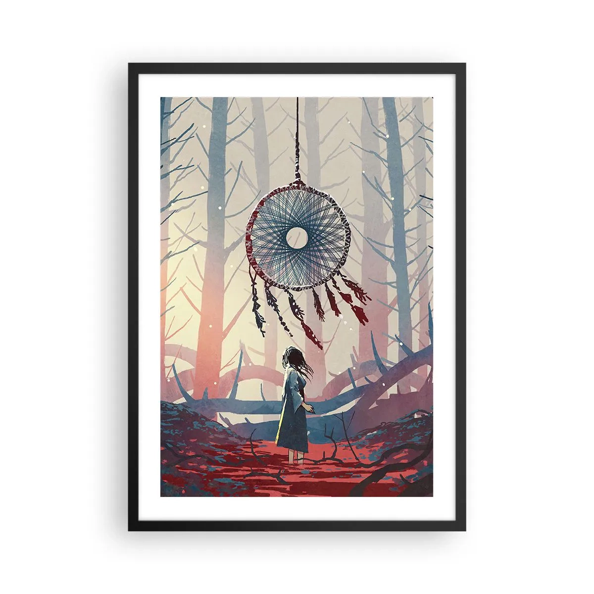 Poster in einem schwarzem Rahmen - Eine Figur im Wald mit einem Traumfänger vor einem pastellfarbenen Hintergrund. - 50x70cm - Geheimes Glücksritual - Moderne Wanddekoration für Wohnzimmer und Schlafzimmer ARTTOR