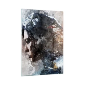 Glasbild - Bild auf glas - Ein Profil einer Frau im Aquarellstil mit einer Stadt im Hintergrund. - 50x70cm - Eine Geschichte über ein Mädchen mit einer Stadt im Hintergrund - Moderne Wanddekoration für Wohnzimmer und Schlafzimmer ARTTOR