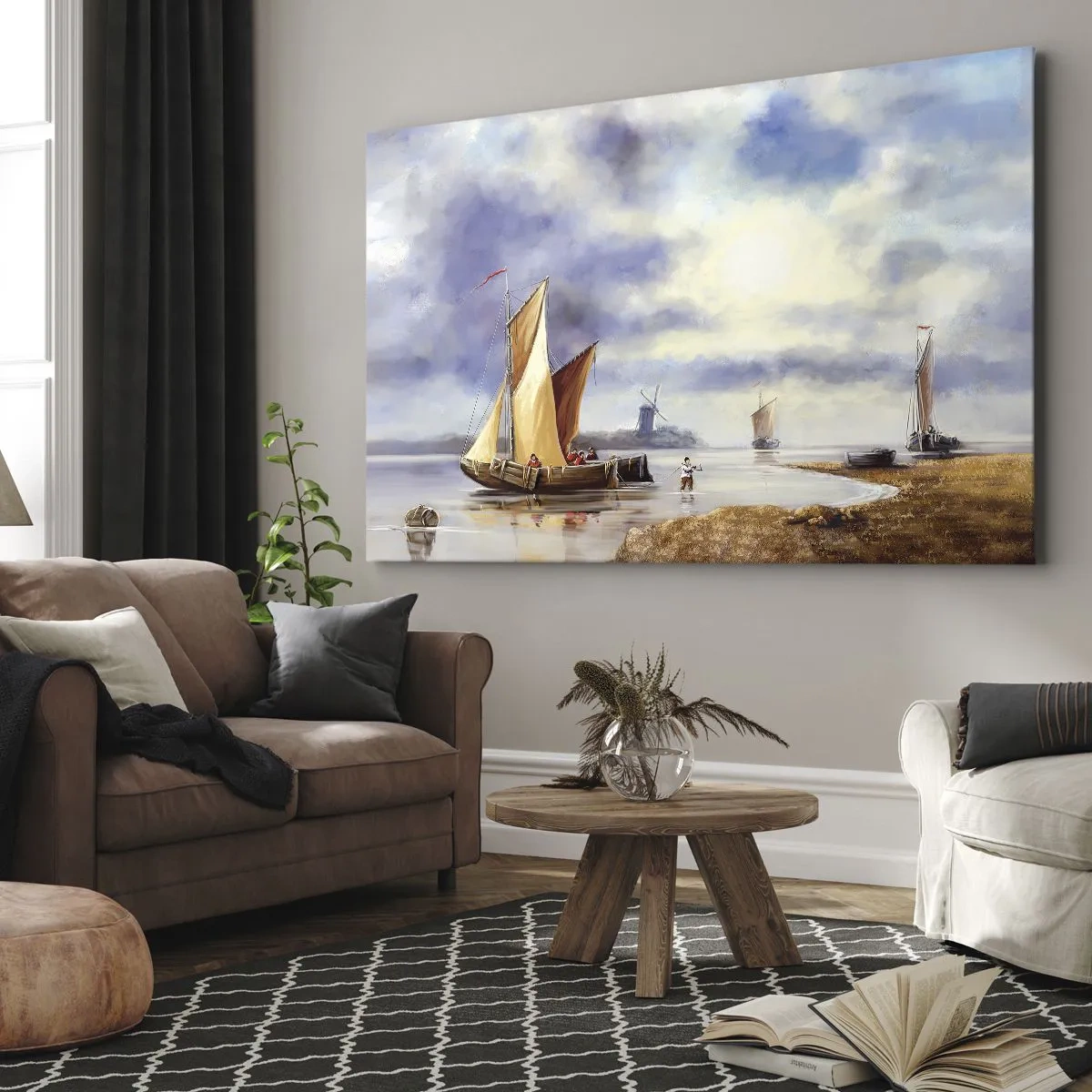 Bild auf Leinwand - Leinwandbild - Segelboote auf ruhigem Wasser mit Windmühlen im Hintergrund - 100x70cm - Die Rückkehr der Seeleute - Moderne Wanddekoration für Wohnzimmer und Schlafzimmer ARTTOR