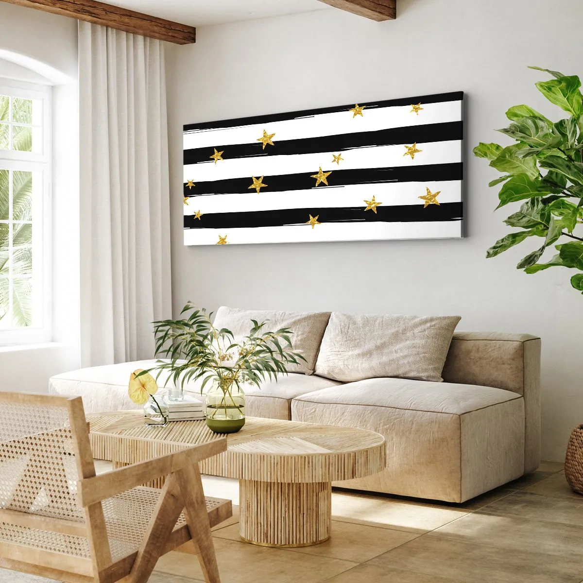 Bild auf Leinwand - Leinwandbild - Schwarz-weiße Streifen mit goldenen Sternen - 120x50cm - Wir wurden alle unter einem glücklichen Stern geboren - Moderne Wanddekoration für Wohnzimmer und Schlafzimmer ARTTOR