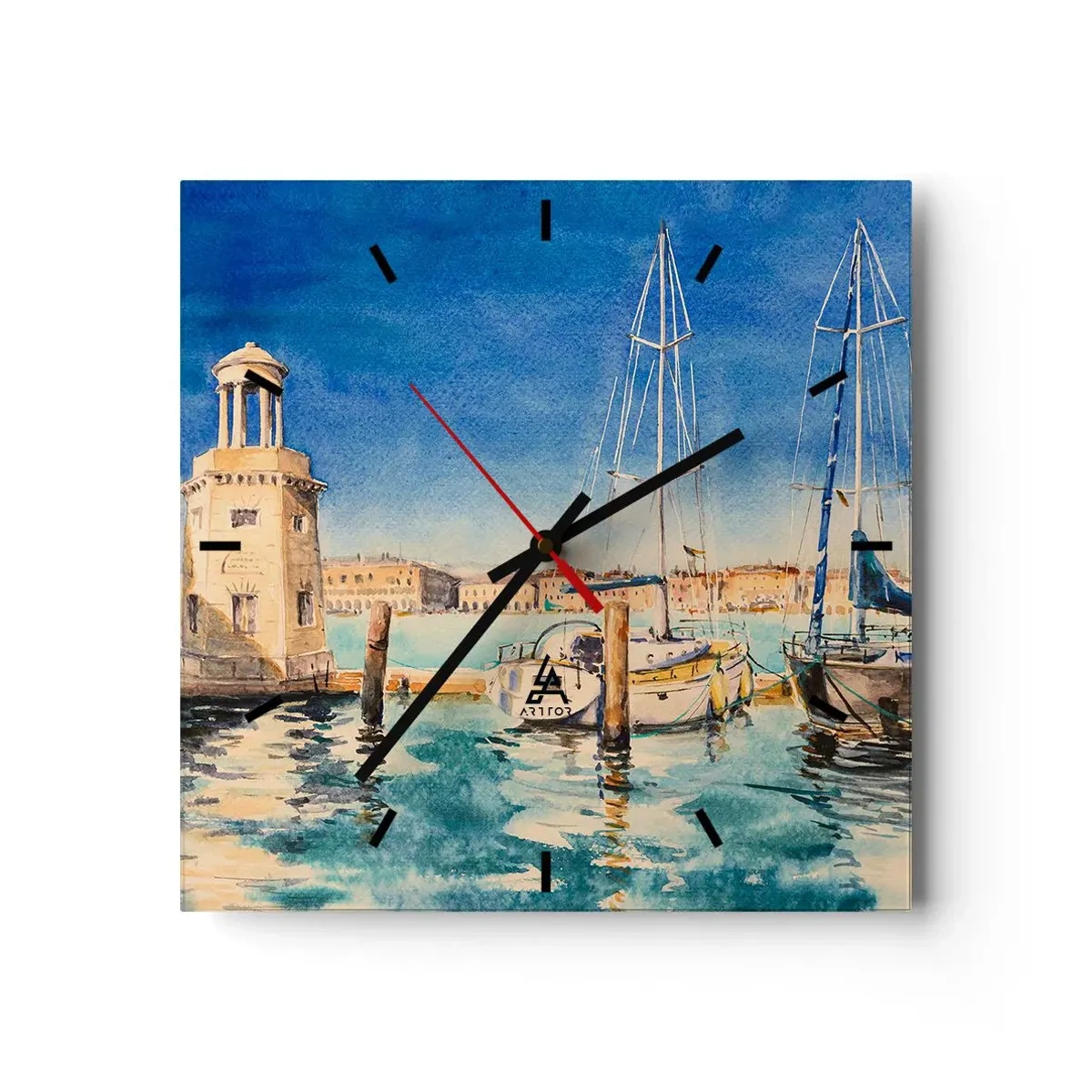 Wanduhr - Glasuhr - Yachthafen mit Booten vor der Kulisse einer blauen Lagune - 30x30cm - Sonnige Lagune - Moderne Wanddekoration für Wohnzimmer und Schlafzimmer ARTTOR