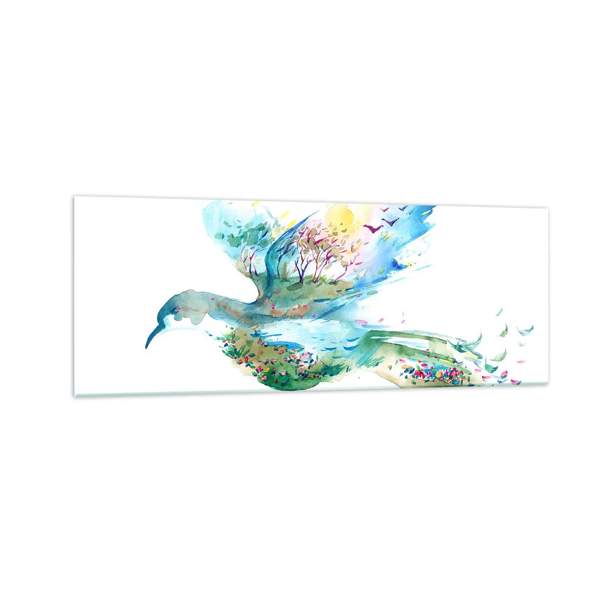 Glasbild - Bild auf glas - Aquarellkomposition eines Vogels mit Elementen der Natur - 140x50cm - Auf den Flügeln der Natur - Moderne Wanddekoration für Wohnzimmer und Schlafzimmer ARTTOR