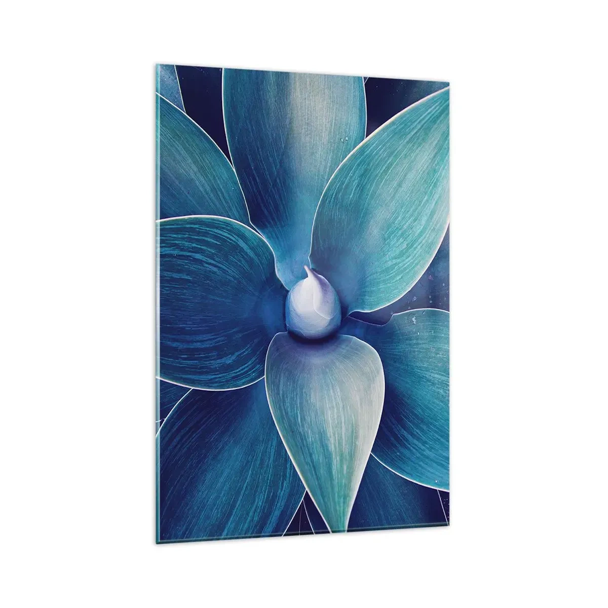 Glasbild - Bild auf glas - Nahaufnahme einer abstrakten Blume in Blautönen - 80x120cm - Bläulich vom Himmel - Moderne Wanddekoration für Wohnzimmer und Schlafzimmer ARTTOR
