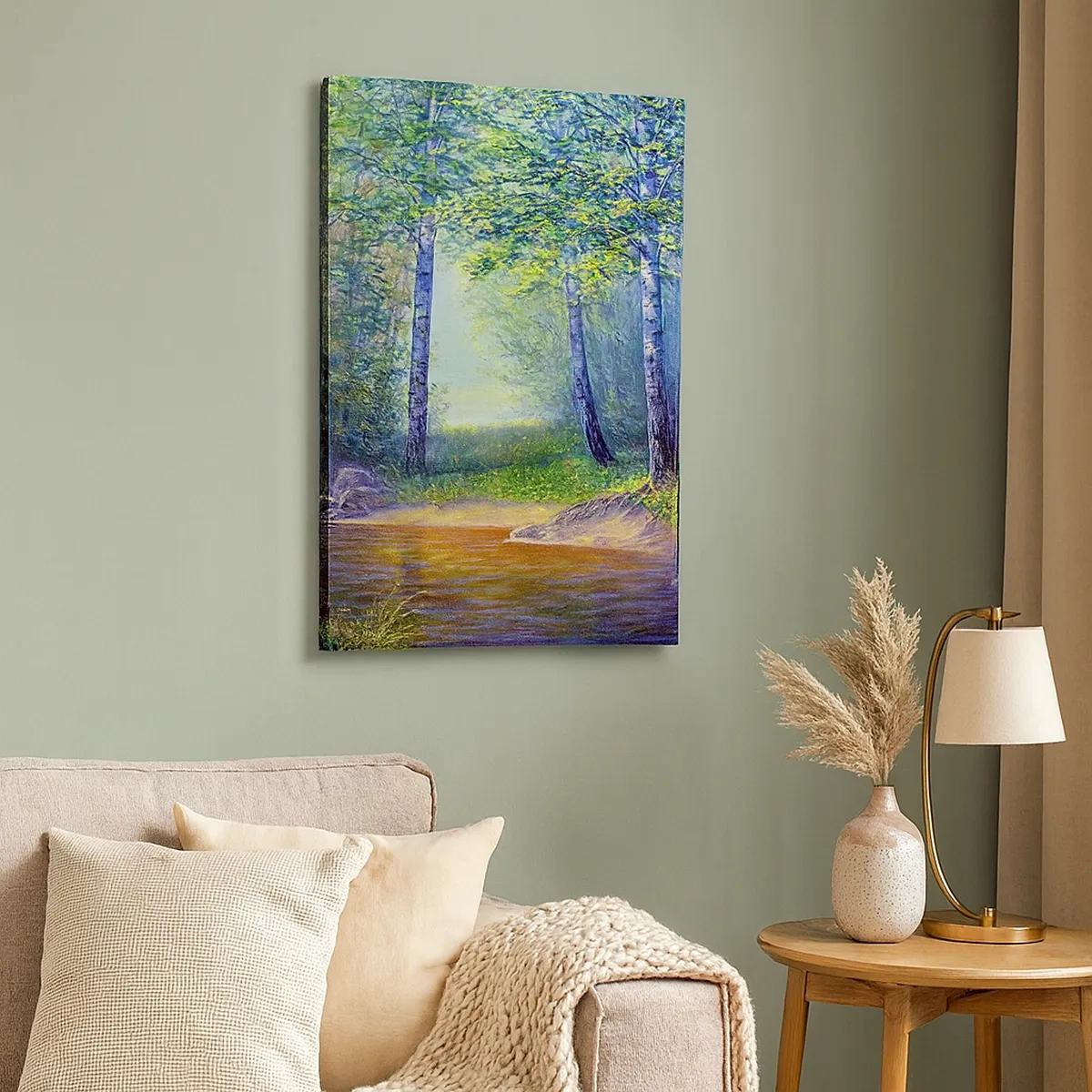Bild auf Leinwand - Leinwandbild - Ein Waldbach, umgeben von Birken und Sonnenschein - 50x70cm - Idyllische Landschaft - Moderne Wanddekoration für Wohnzimmer und Schlafzimmer ARTTOR