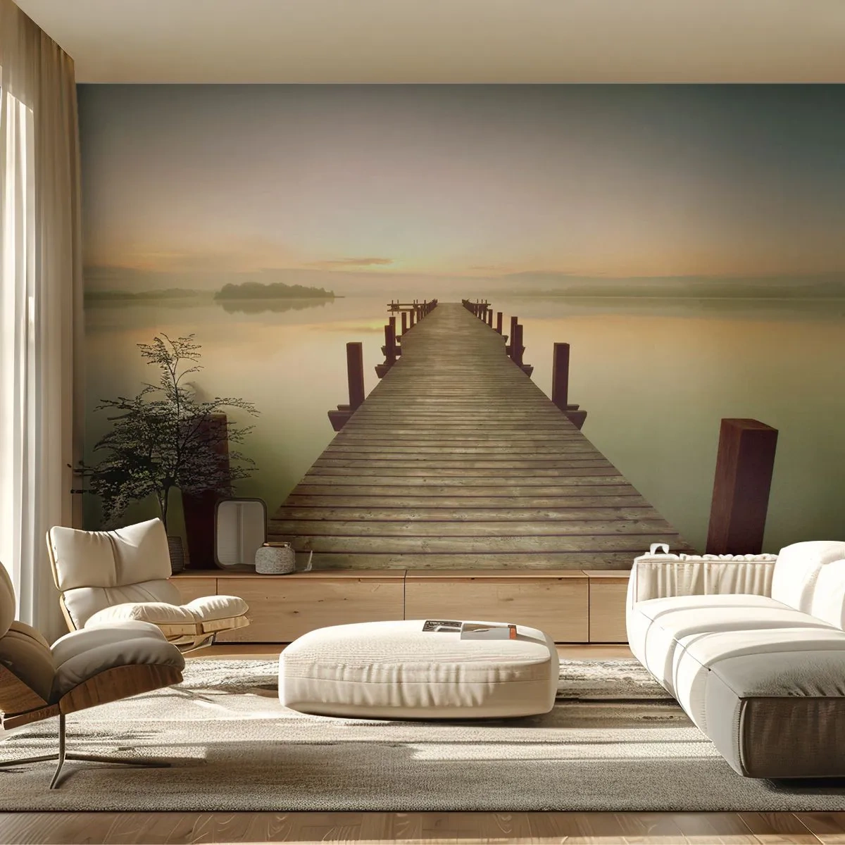 Fototapete Standard Eco - Tagesanbruch, Morgendämmerung, Licht - Landschaft, See, Holzbrücke - 400x280 cm
