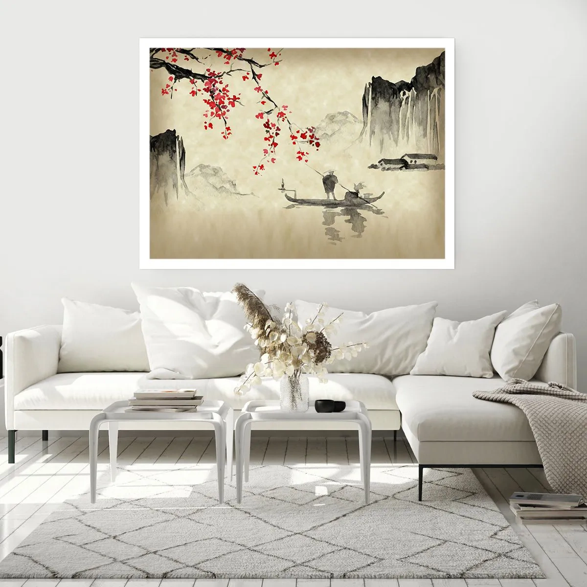 Poster - Orientalische Illustration mit einem Boot und einem blühenden Zweig - 100x70cm - Im Land der blühenden Kirschbäume - Moderne Wanddekoration für Wohnzimmer und Schlafzimmer ARTTOR