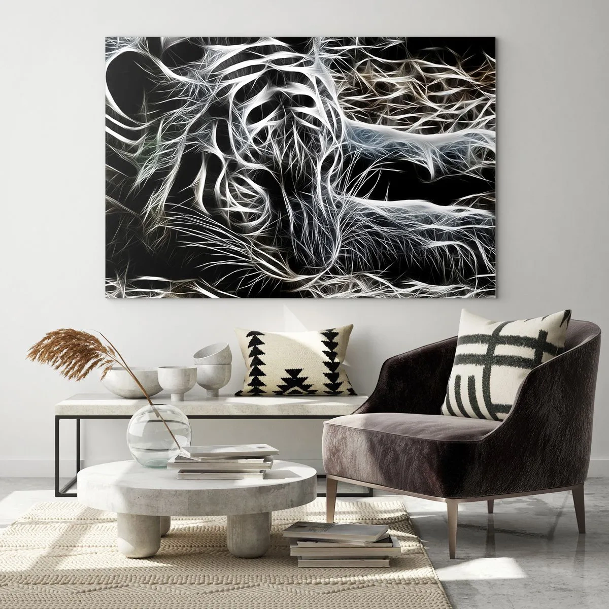 Glasbild - Bild auf glas - Abstrakter Tiger in leuchtenden Linien auf schwarzem Hintergrund - 70x50cm - Eine Studie über die Leichtigkeit der Katze - Moderne Wanddekoration für Wohnzimmer und Schlafzimmer ARTTOR