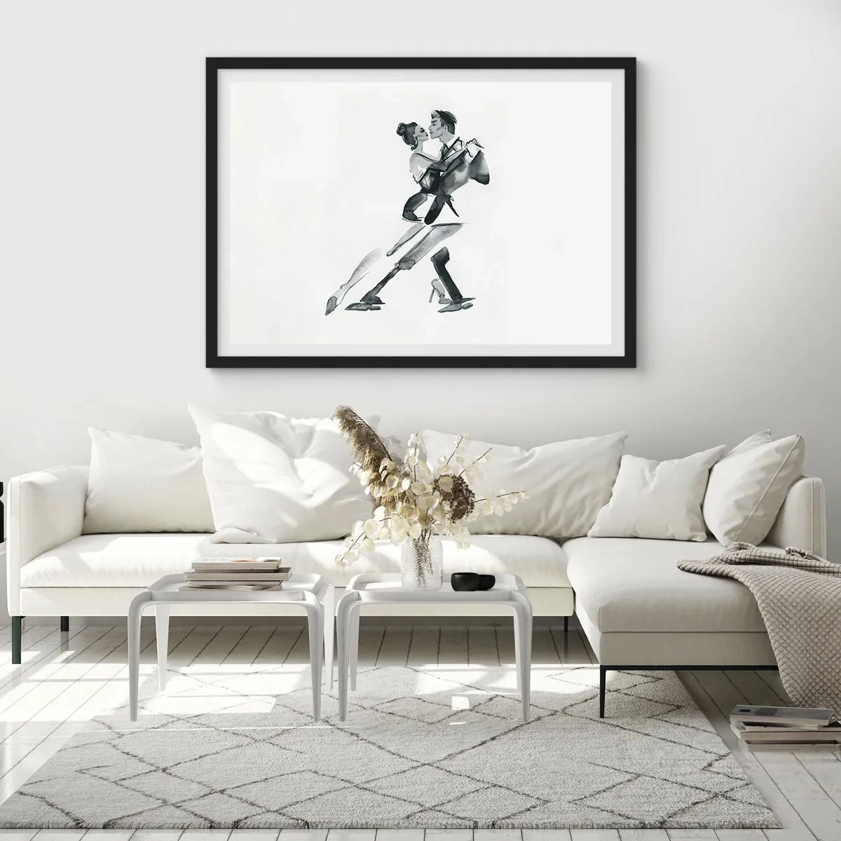 Poster in einem schwarzem Rahmen - Eine subtile Illustration eines tanzenden Paares im monochromen Stil. - 70x50cm - In einem Schlag - Moderne Wanddekoration für Wohnzimmer und Schlafzimmer ARTTOR