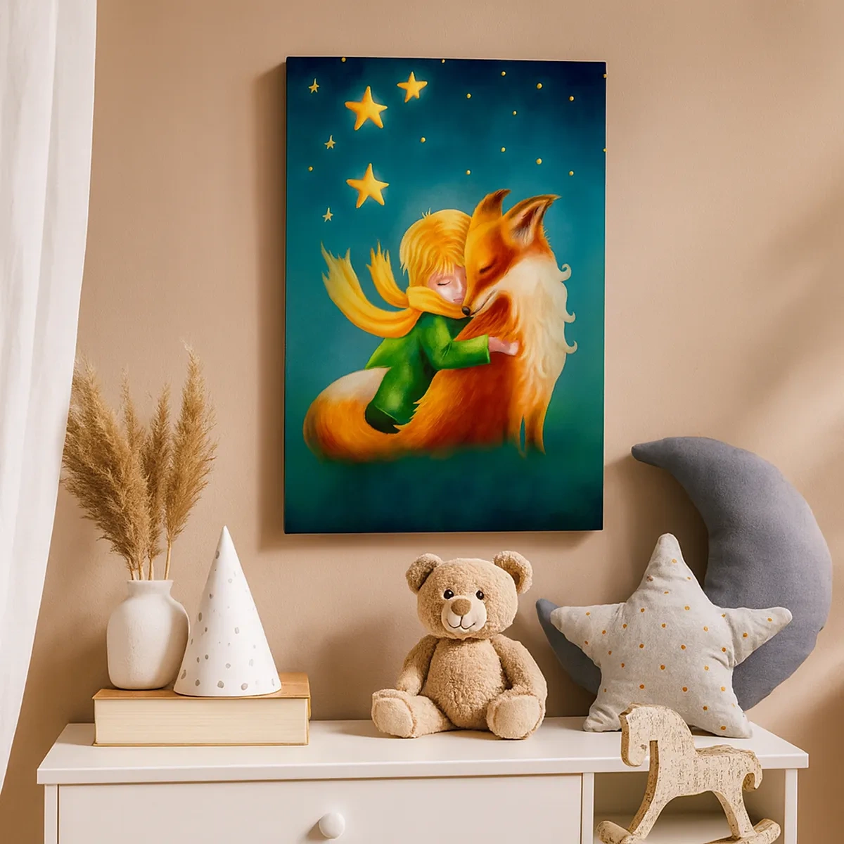 Bild auf Leinwand - Leinwandbild - Ein Junge mit einem Fuchs in einer magischen Umgebung mit Sternen - 50x70cm - Kleiner Prinz - Moderne Wanddekoration für Wohnzimmer und Schlafzimmer ARTTOR