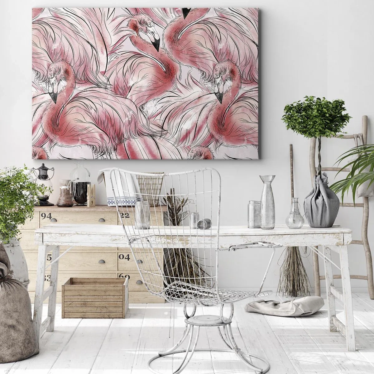 Bild auf Leinwand - Leinwandbild - Zarte Zeichnungen von rosa Flamingos - 70x50cm - Bird Corps de Ballet - Moderne Wanddekoration für Wohnzimmer und Schlafzimmer ARTTOR