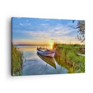 Bild auf Leinwand - Leinwandbild - Ein Boot in einer ruhigen Bucht bei Sonnenuntergang - 70x50cm - Bucht erfüllter Träume - Moderne Wanddekoration für Wohnzimmer und Schlafzimmer ARTTOR