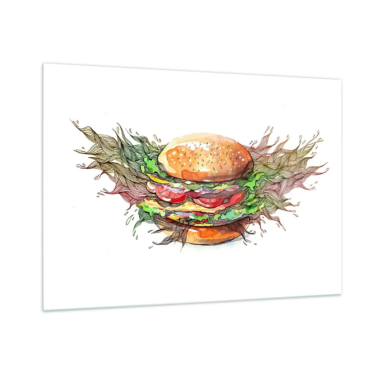 Glasbild - Bild auf glas - Künstlerische Zeichnung eines Burgers mit Aquarelldetails - 100x70cm - Heiße Versuchung - Moderne Wanddekoration für Wohnzimmer und Schlafzimmer ARTTOR