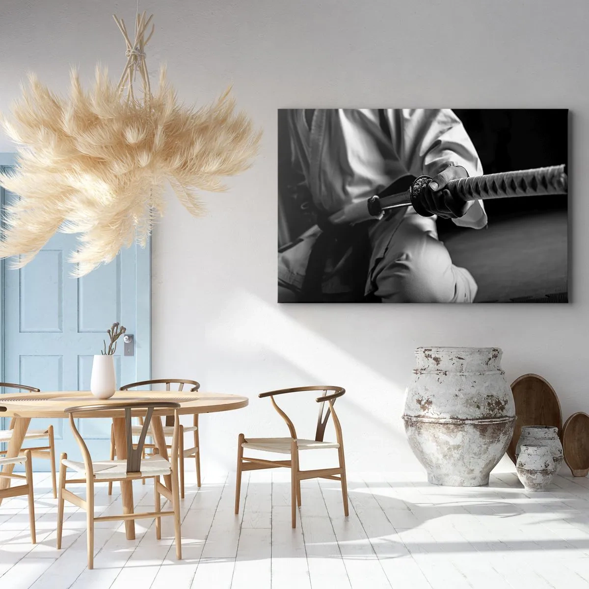 Bild auf Leinwand - Leinwandbild - Ein Samurai im Kimono hält ein Katana in Schwarz und Weiß. - 70x50cm - Kriegerseele - Moderne Wanddekoration für Wohnzimmer und Schlafzimmer ARTTOR