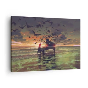 Bild auf Leinwand - Leinwandbild - Ein Klavier am Meeresufer bei Sonnenuntergang mit Vögeln - 70x50cm - Konzert für Klavier und Wellen - Moderne Wanddekoration für Wohnzimmer und Schlafzimmer ARTTOR