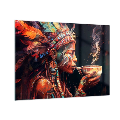 Glasbild - Bild auf glas - Eine Figur mit Federkopfschmuck trinkt einen Trank in mystischer Atmosphäre - 70x50cm - Magisches Ritual - Moderne Wanddekoration für Wohnzimmer und Schlafzimmer ARTTOR