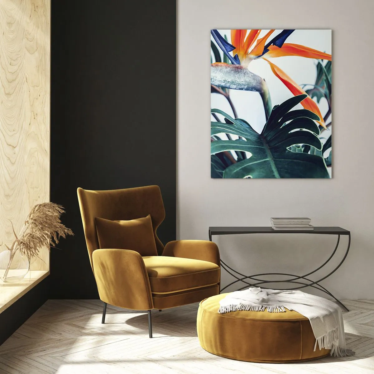 Glasbild - Bild auf glas - Strelitzia-Blüte, umgeben von Blättern in hellem Licht - 80x120cm - Vogelbusch - Moderne Wanddekoration für Wohnzimmer und Schlafzimmer ARTTOR