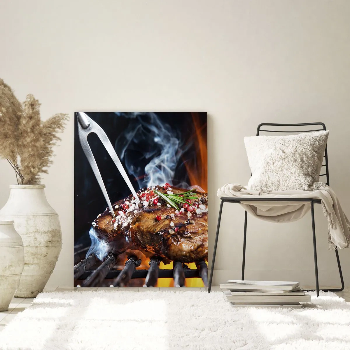 Glasbild - Bild auf glas - Gegrilltes Steak mit Gewürzen auf dem Grill - 50x70cm - Saftig und duftend - Moderne Wanddekoration für Wohnzimmer und Schlafzimmer ARTTOR