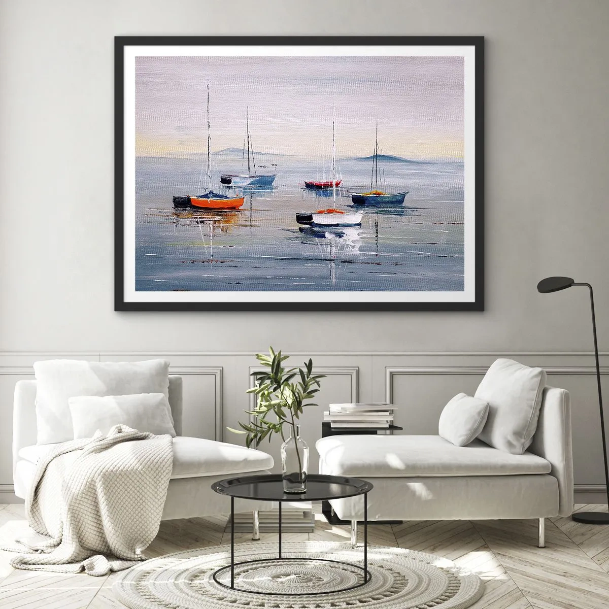 Poster in einem schwarzem Rahmen - Bunte Boote auf ruhigem Wasser - 70x50cm - Wohlverdiente Ruhe - Moderne Wanddekoration für Wohnzimmer und Schlafzimmer ARTTOR