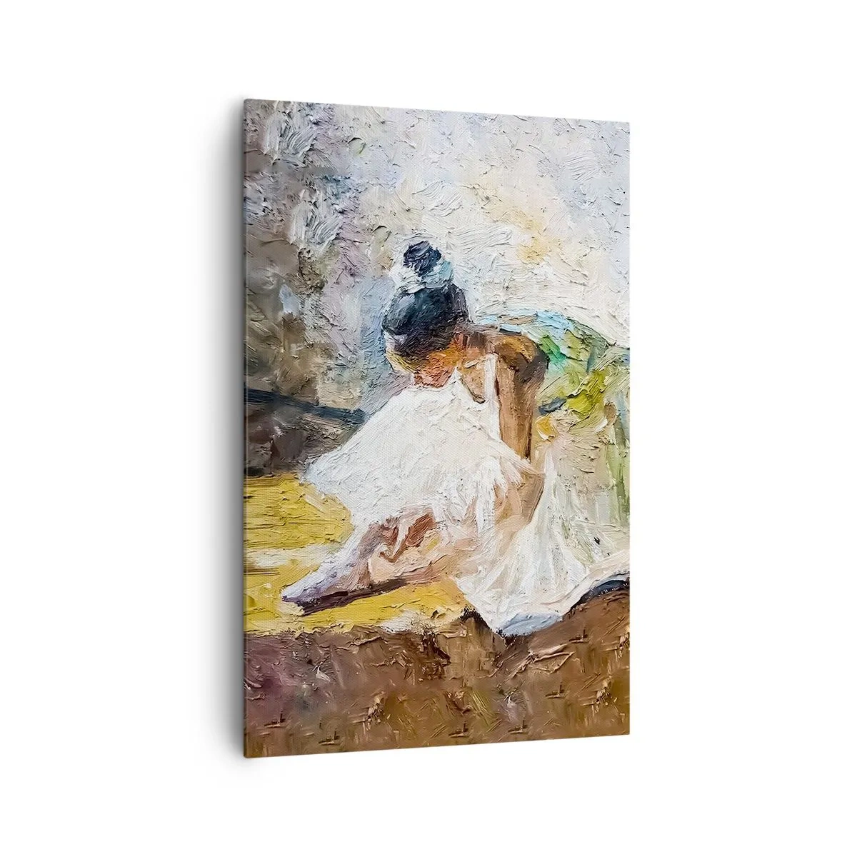 Bild auf Leinwand - Leinwandbild - Eine Ballerina in einem weißen Kleid im malerischen Stil vor einem impressionistischen Hintergrund. - 80x120cm - Aus einem Gemälde von Degas - Moderne Wanddekoration für Wohnzimmer und Schlafzimmer ARTTOR