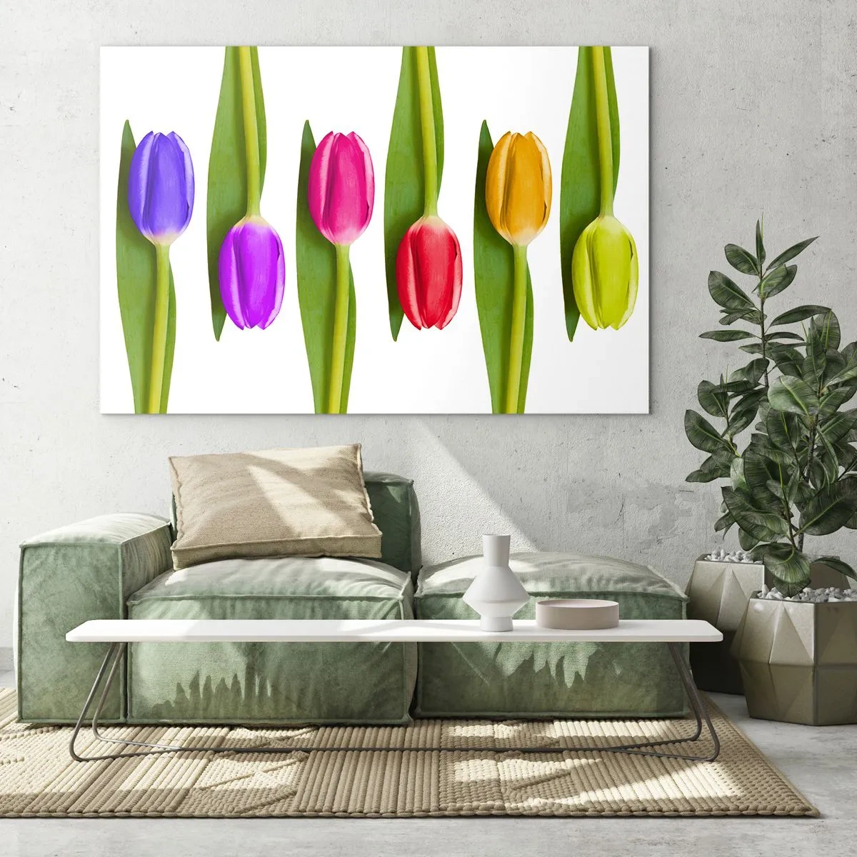 Glasbild - Bild auf glas - Bunte Tulpen auf weißem Hintergrund angeordnet - 120x80cm - Regenbogenkomposition - Moderne Wanddekoration für Wohnzimmer und Schlafzimmer ARTTOR