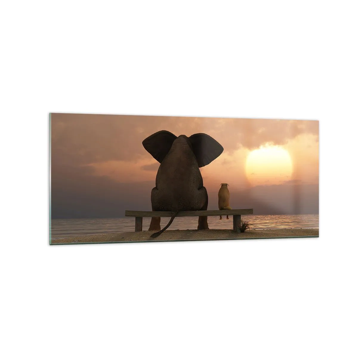 Glasbild - Bild auf glas - Ein Elefant und ein Hund sitzen während des Sonnenuntergangs auf einer Bank am Strand. - 120x50cm - Es tut gut zusammen zu schweigen - Moderne Wanddekoration für Wohnzimmer und Schlafzimmer ARTTOR