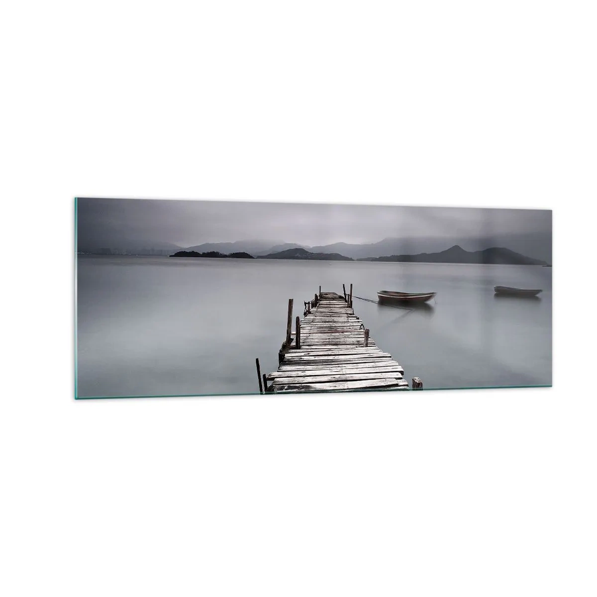 Glasbild - Bild auf glas - Eine Holzbrücke, die zur ruhigen Oberfläche des Sees führt - 140x50cm - Du kannst morgen gehen - Moderne Wanddekoration für Wohnzimmer und Schlafzimmer ARTTOR