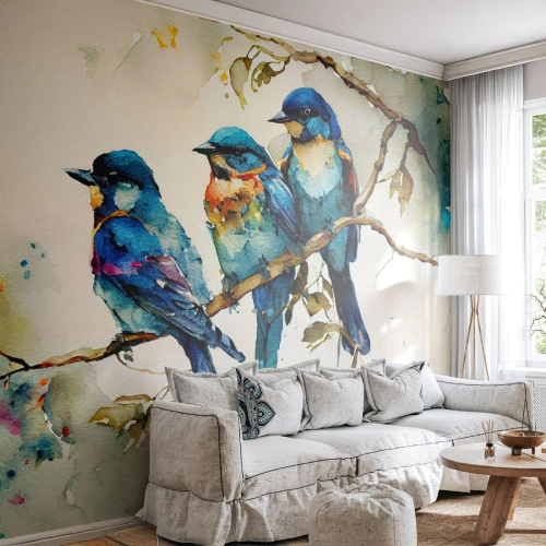 Fototapete Premium Sand - Drei bunte Vögel sitzen auf einem Ast in Aquarell - 100x70cm - War er beleidigt? - Moderne Wanddekoration für Wohnzimmer und Schlafzimmer ARTTOR