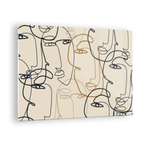 Glasbild - Bild auf glas - Konturierte Gesichter in einem Strich auf Beige gezeichnet - 70x50cm - Das Porträt wird multipliziert - Moderne Wanddekoration für Wohnzimmer und Schlafzimmer ARTTOR