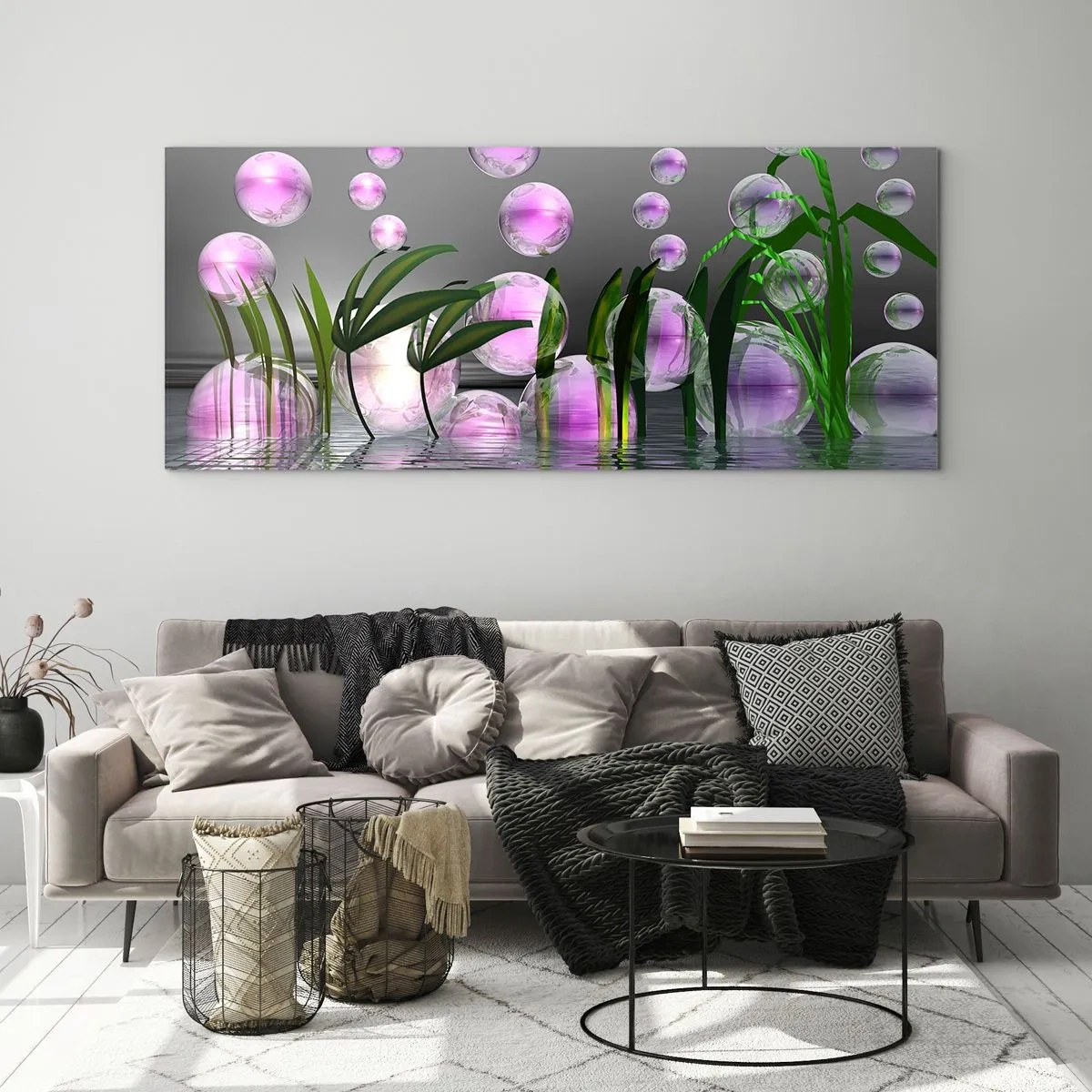 Glasbild - Bild auf glas - Eine reflektierende Komposition aus Leichtigkeit und Leben - 90x30 cm