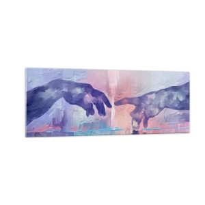 Glasbild - Bild auf glas - Symbolische Hände in abstrakten Farben, die auf das Thema der Schöpfung verweisen - 140x50cm - Göttlicher Funke des Lebens - Moderne Wanddekoration für Wohnzimmer und Schlafzimmer ARTTOR