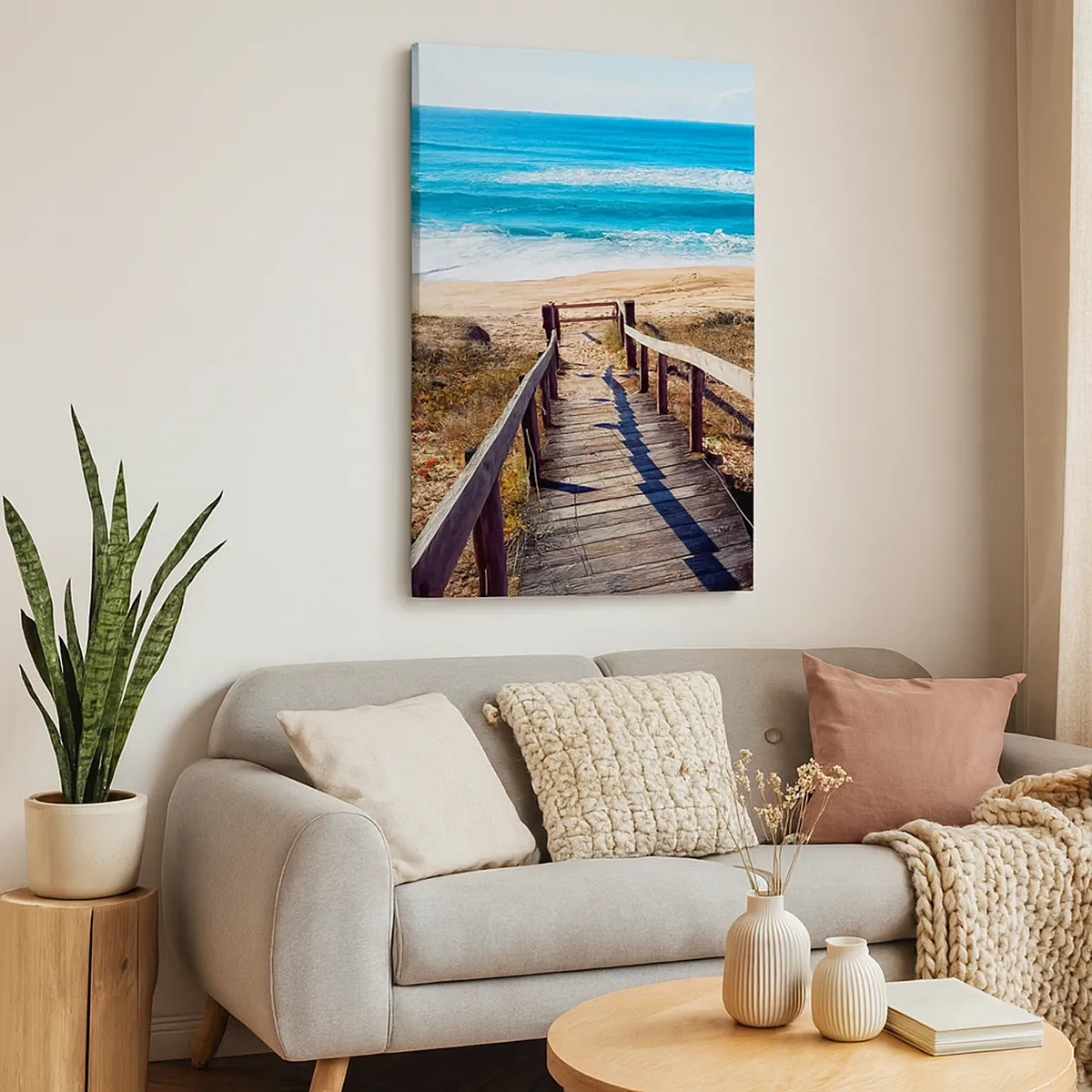 Bild auf Leinwand - Leinwandbild - Holzweg zum Strand - 50x70cm - Lauf! - Moderne Wanddekoration für Wohnzimmer und Schlafzimmer ARTTOR