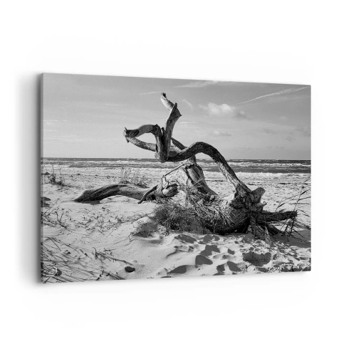 Bild auf Leinwand - Leinwandbild - Schwarz-weiße Landschaft mit einem toten Baum am Strand - 100x70cm - Meeresskulptur - Moderne Wanddekoration für Wohnzimmer und Schlafzimmer ARTTOR