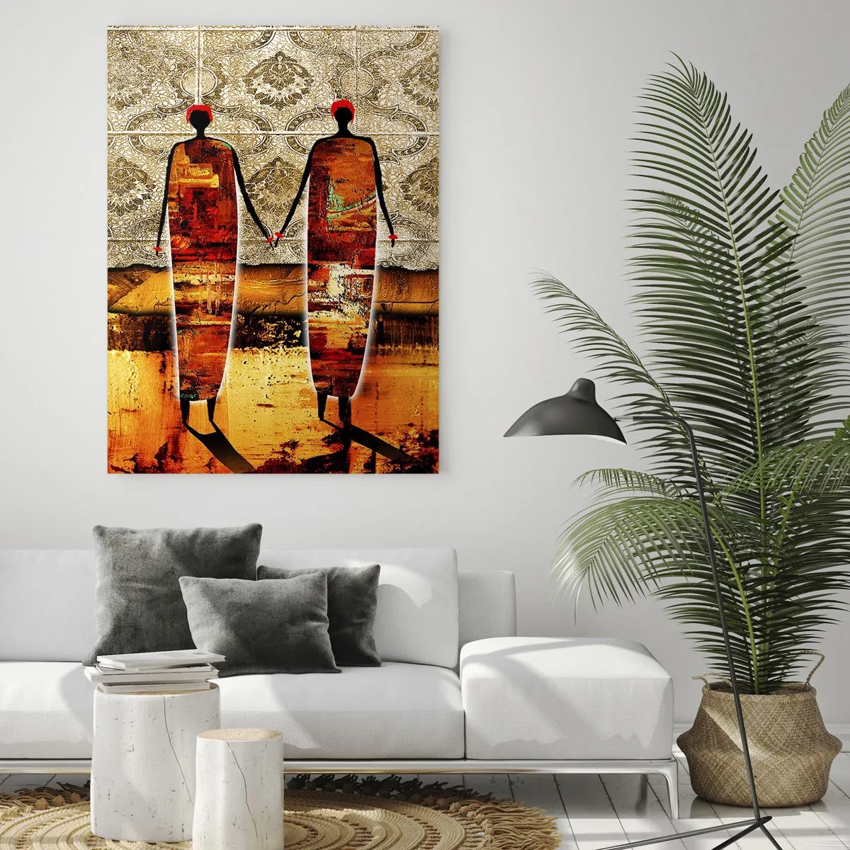Glasbild - Bild auf glas - Ein abstraktes Figurenpaar vor einem Hintergrund aus goldenen Mustern und einer Landschaft. - 70x100cm - Ethnische Zusammensetzung in den Farben Afrikas - Moderne Wanddekoration für Wohnzimmer und Schlafzimmer ARTTOR