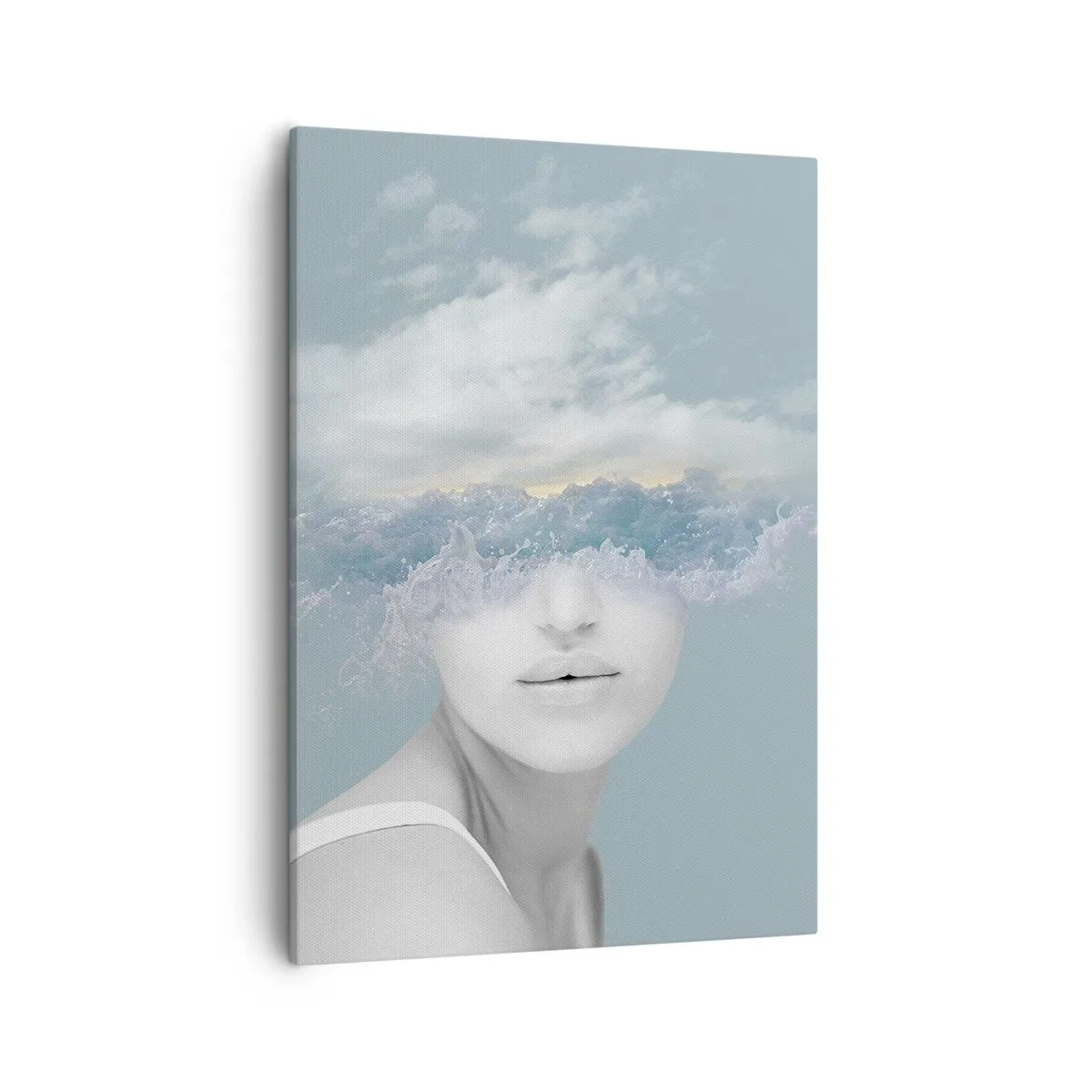 Bild auf Leinwand - Leinwandbild - Porträt einer Frau, deren Gesicht hinter Wolken und Wellen verborgen ist - 50x70cm - Mit dem Kopf in den Wolken - Moderne Wanddekoration für Wohnzimmer und Schlafzimmer ARTTOR
