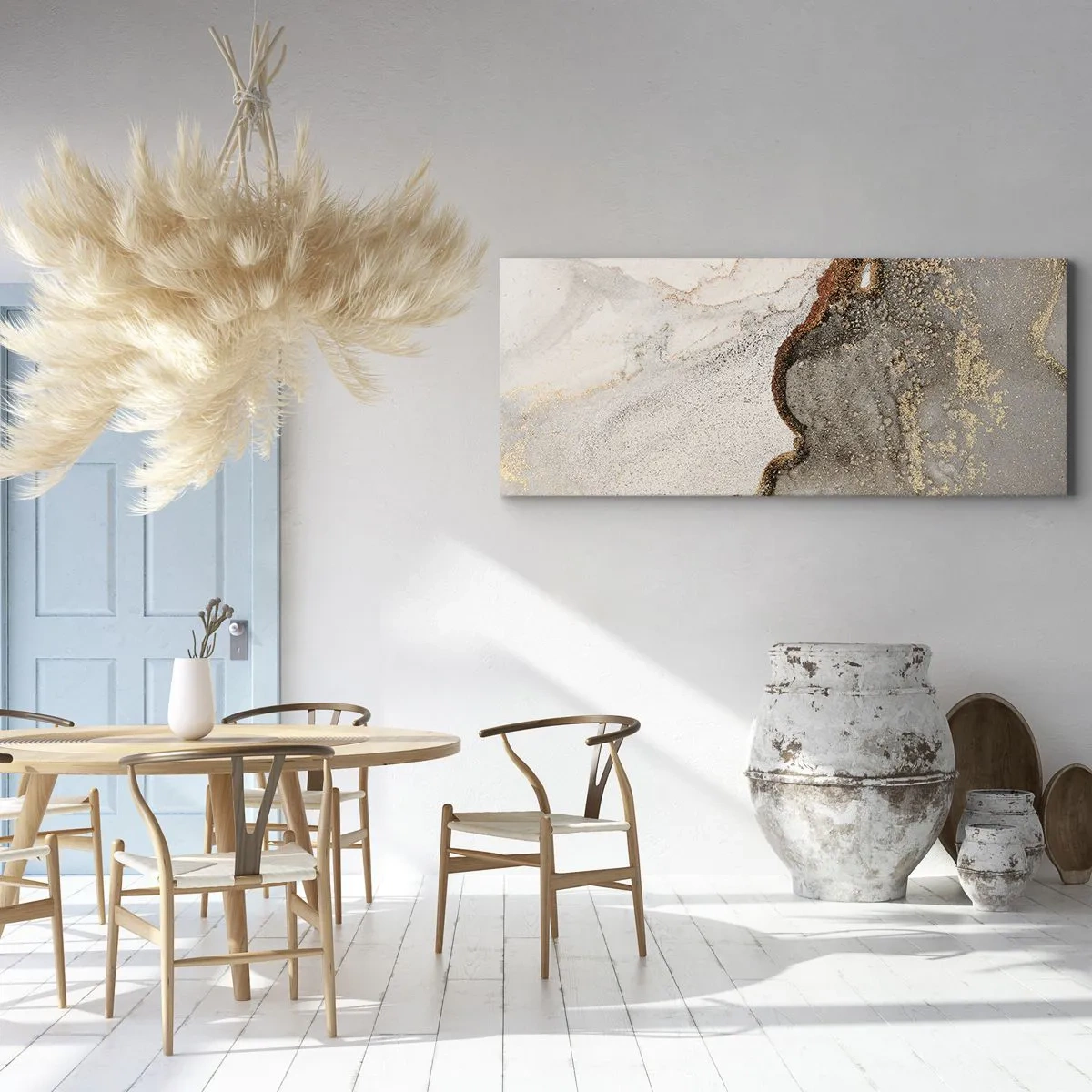 Bild auf Leinwand - Leinwandbild - Abstraktes Motiv mit Gold- und Grautönen - 140x50cm - An der Grenze der Farben - Moderne Wanddekoration für Wohnzimmer und Schlafzimmer ARTTOR