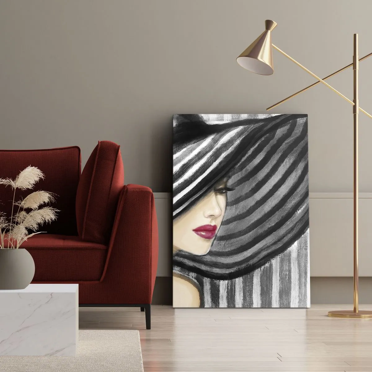 Bild auf Leinwand - Leinwandbild - Frau trägt einen schwarz-weißen Hut mit rotem Akzent - 50x70cm - Wo soll ich dich finden? - Moderne Wanddekoration für Wohnzimmer und Schlafzimmer ARTTOR