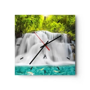 Wanduhr - Glasuhr - Ein Wasserfall in einem tropischen Wald mit türkisfarbenem Wasser - 30x30cm - Eine schaumige Kaskade von grün bis azurblau - Moderne Wanddekoration für Wohnzimmer und Schlafzimmer ARTTOR