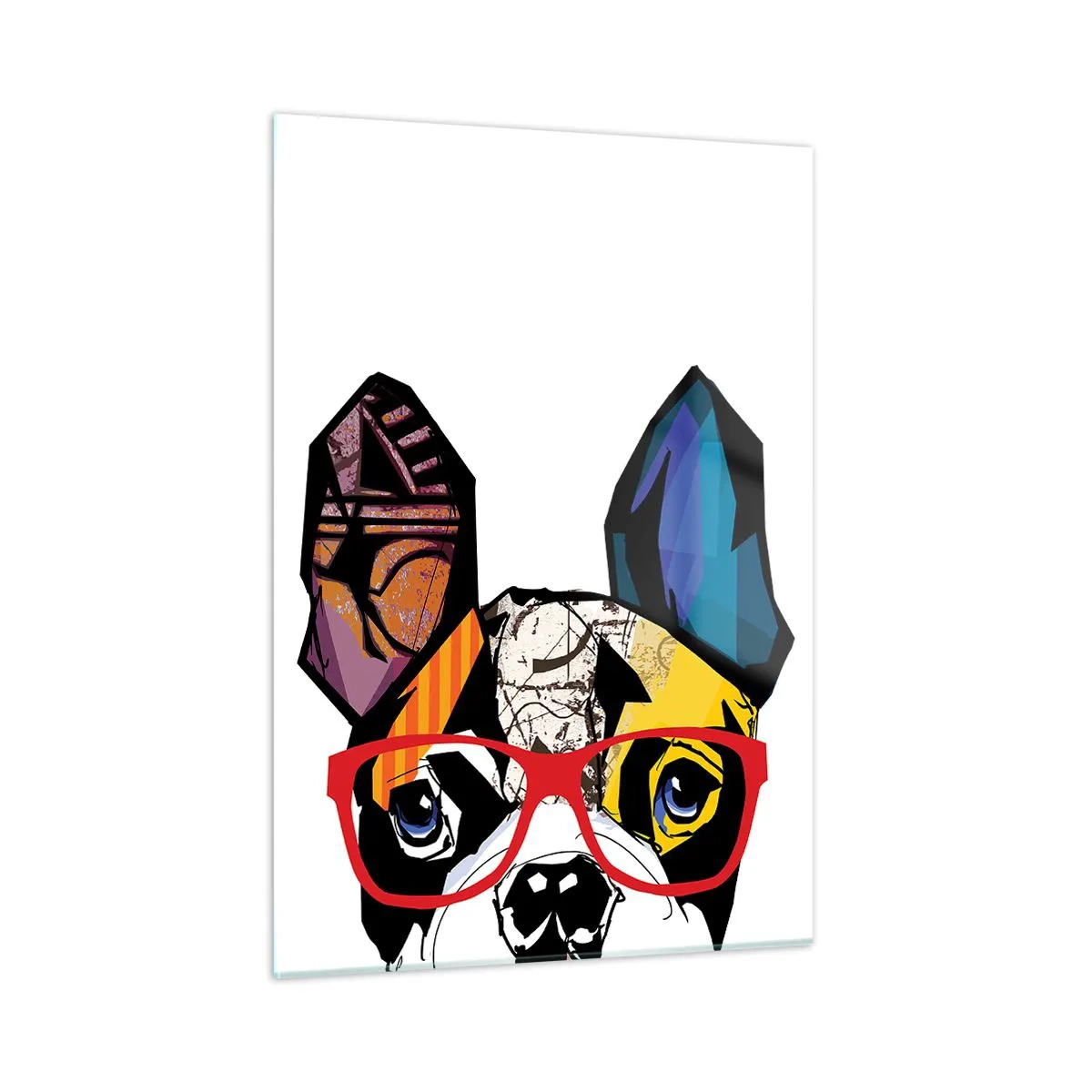 Glasbild - Bild auf glas - Bulldogge trägt bunte Brille auf weißem Hintergrund - 50x70cm - Intellektuelle - Moderne Wanddekoration für Wohnzimmer und Schlafzimmer ARTTOR