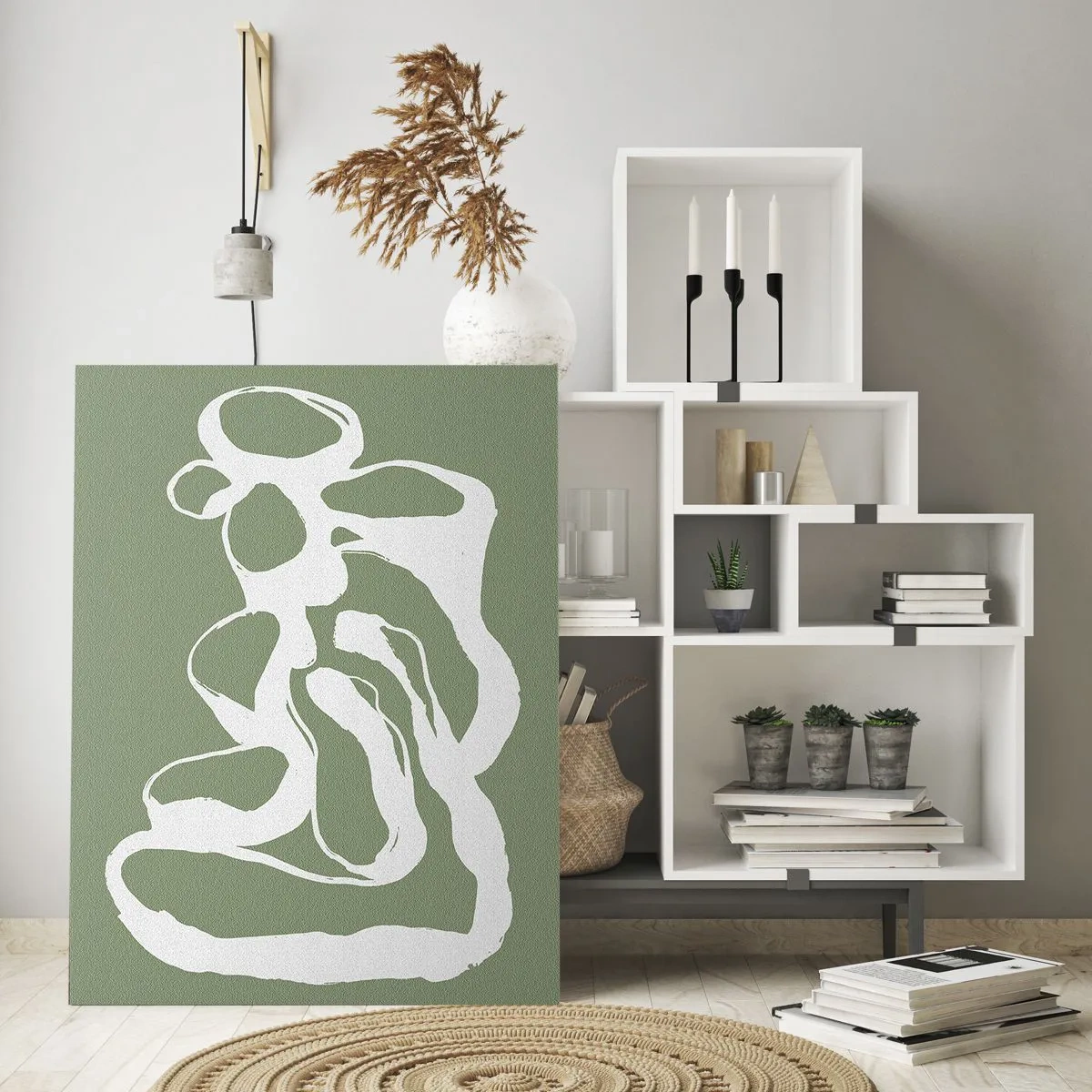 Glasbild - Bild auf glas - Organische Formen in Weiß auf grünem Hintergrund - 80x120cm - Ruf des Weltraums - Moderne Wanddekoration für Wohnzimmer und Schlafzimmer ARTTOR