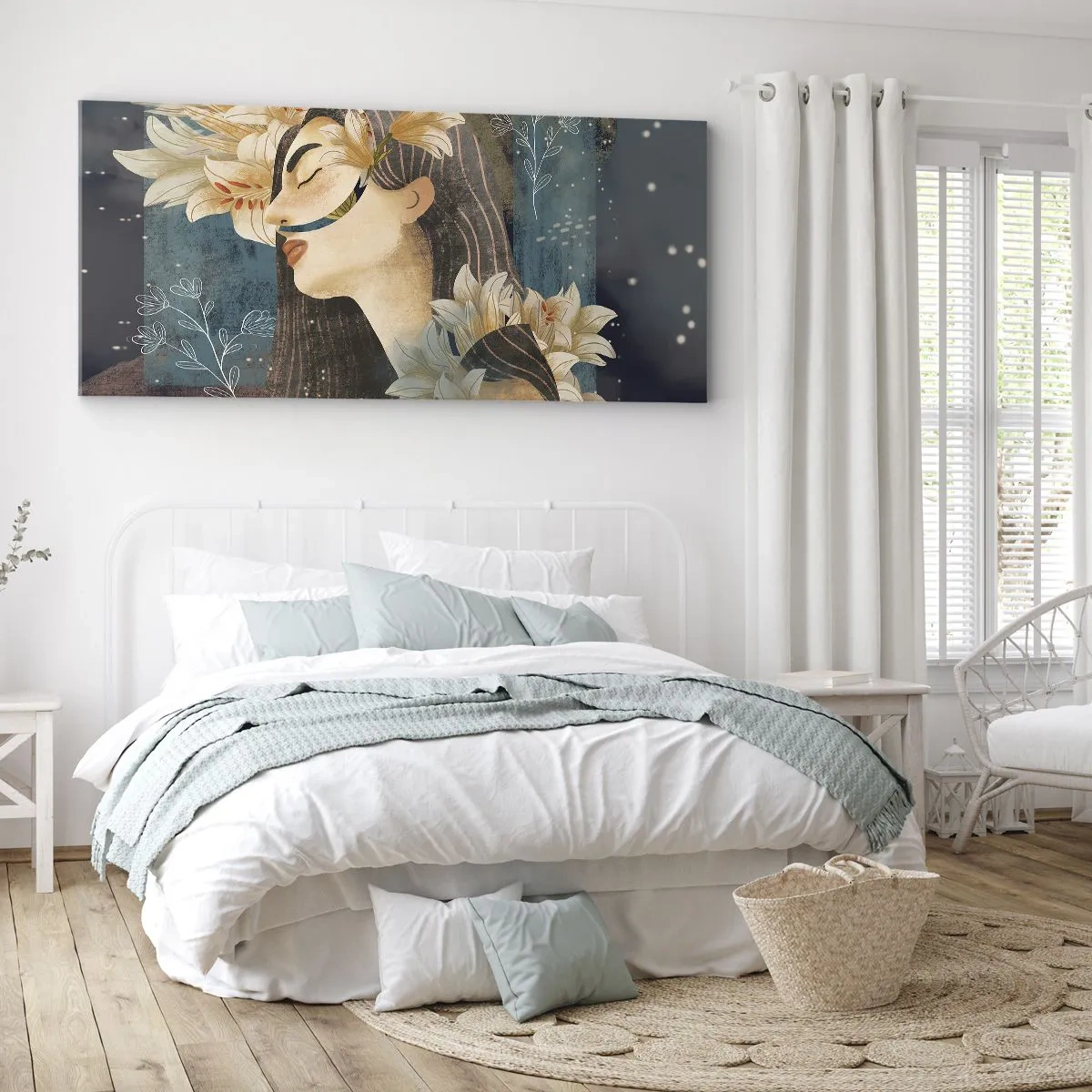 Bild auf Leinwand - Leinwandbild - Porträt einer Frau mit Blumen im künstlerischen Stil auf dunklem Hintergrund - 120x50cm - Ein Märchen über eine Prinzessin mit Lilien - Moderne Wanddekoration für Wohnzimmer und Schlafzimmer ARTTOR