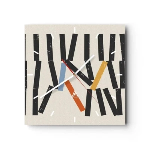 Wanduhr - Glasuhr - Abstrakte Komposition mit farbigen und schwarzen Rechtecken - 30x30cm - Domino – Komposition - Moderne Wanddekoration für Wohnzimmer und Schlafzimmer ARTTOR