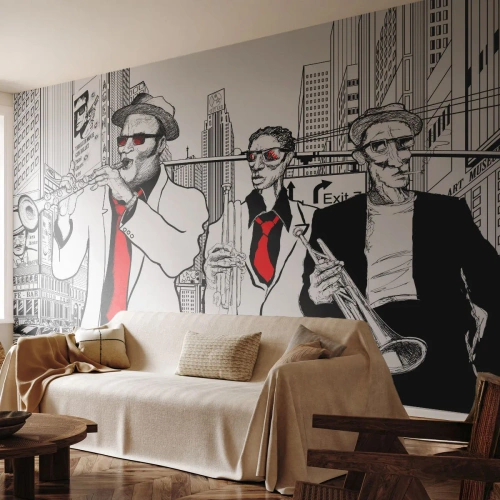 Fototapete Premium Sand - Jazzmusiker in einer modernen Stadtillustration - 100x70cm - Urbane Rhapsodie in Schwarz und Rot - Moderne Wanddekoration für Wohnzimmer und Schlafzimmer ARTTOR