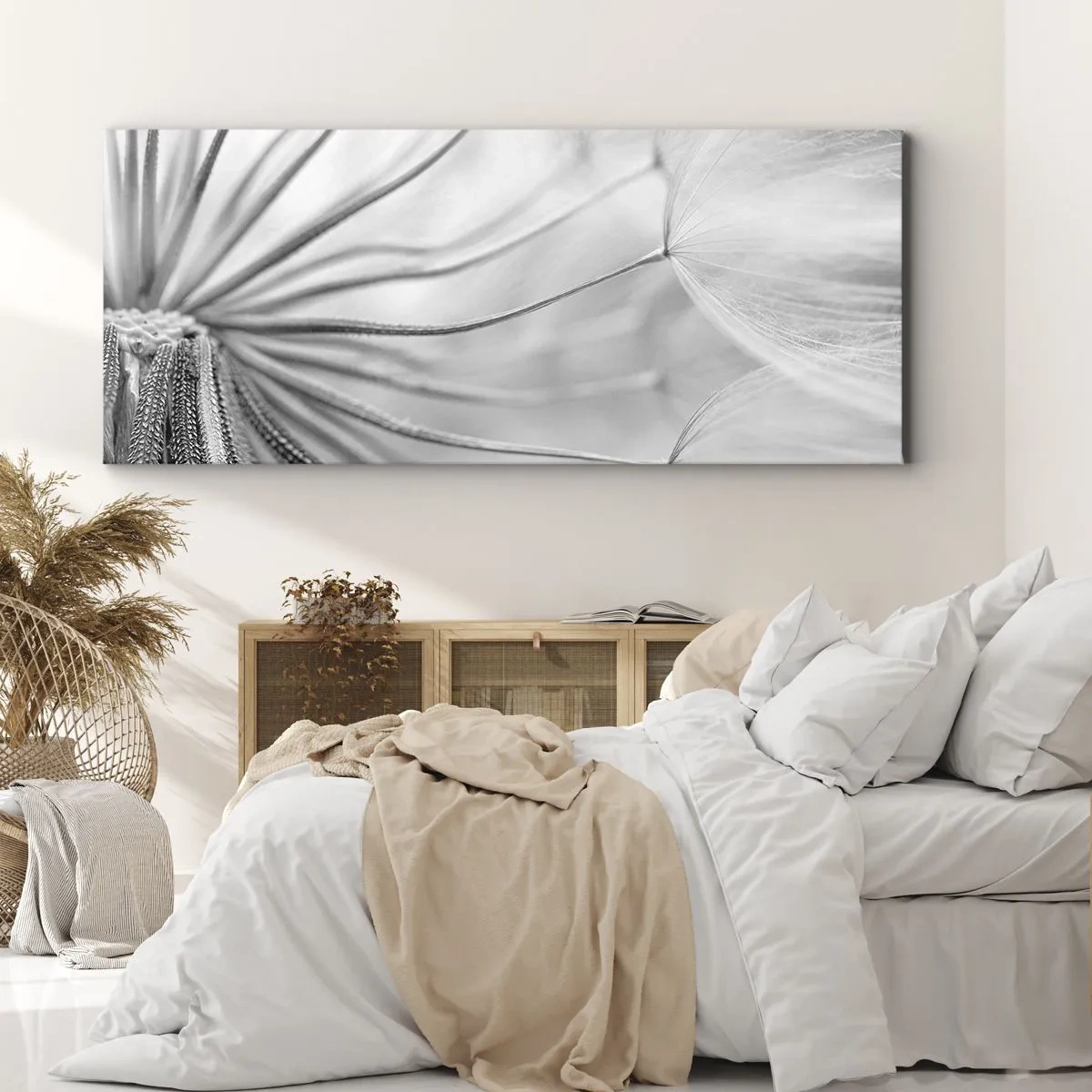 Bild auf Leinwand - Leinwandbild - Zarte Pusteblumen in Schwarz-Weiß-Tönen - 160x50cm - Löwenzahn, Drachen - Moderne Wanddekoration für Wohnzimmer und Schlafzimmer ARTTOR