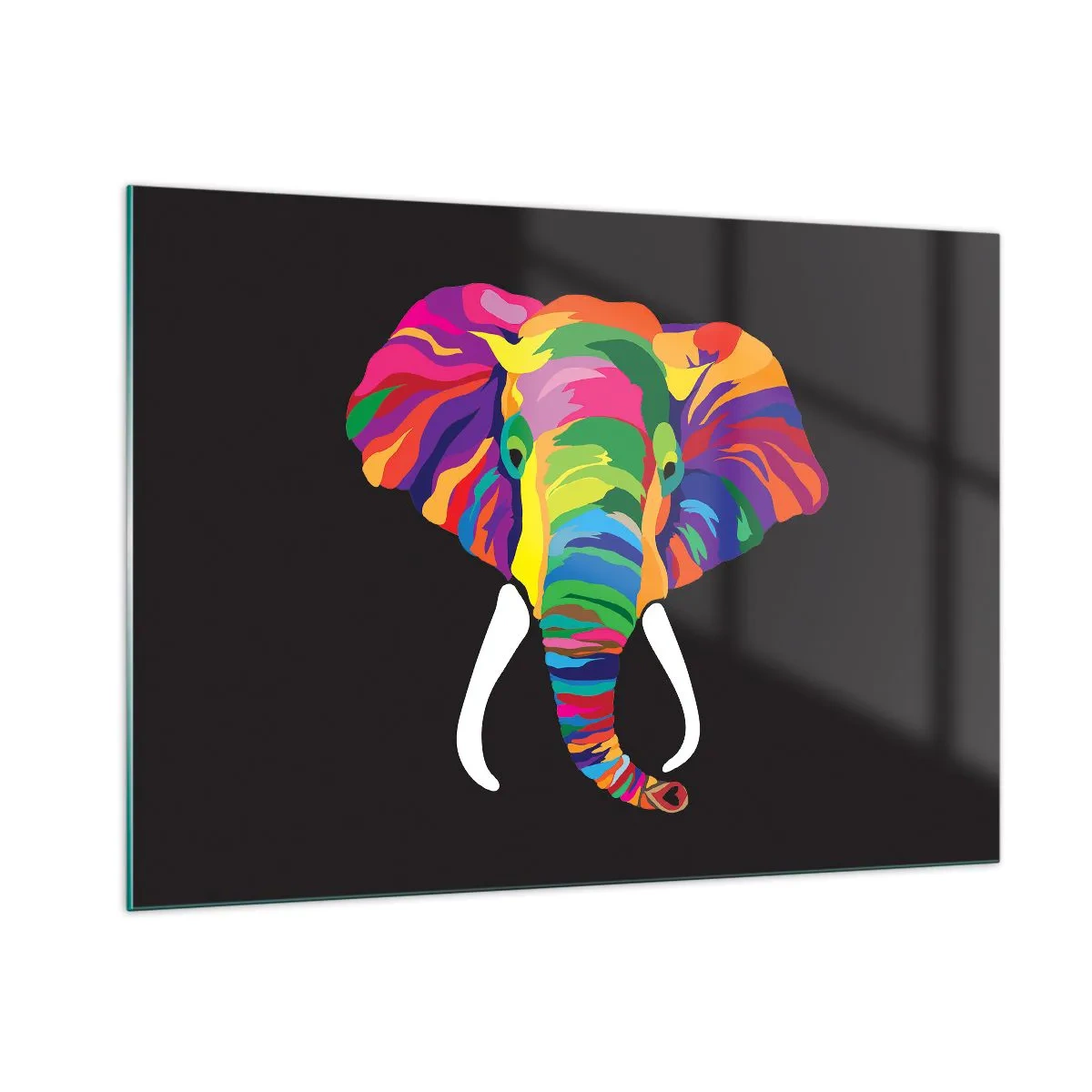 Glasbild - Bild auf glas - Ein bunter Elefant auf schwarzem Hintergrund im künstlerischen Stil - 100x70cm - Der Elefant, der es liebte, im Regenbogen zu baden - Moderne Wanddekoration für Wohnzimmer und Schlafzimmer ARTTOR