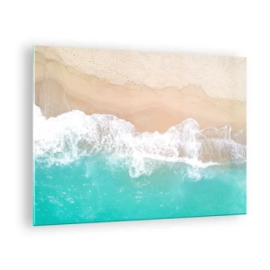 Glasbild - Bild auf glas - Luftaufnahme des Strandes mit türkisfarbenem Wasser und weißen Wellen - 70x50cm - Eine streichelnde Berührung - Moderne Wanddekoration für Wohnzimmer und Schlafzimmer ARTTOR