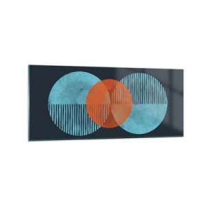 Glasbild - Bild auf glas - Geometrische Kreise in Blau- und Orangetönen - 120x50cm - Symmetrische Komposition - Moderne Wanddekoration für Wohnzimmer und Schlafzimmer ARTTOR